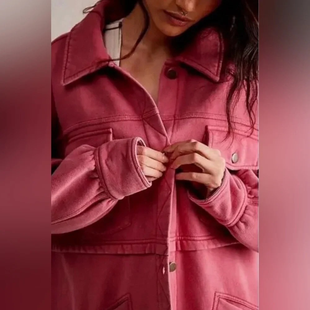 FREE PEOPLE We The Free Dawson Chore Jacket OVERSIZED Pink Painted Roses  XS/S/M